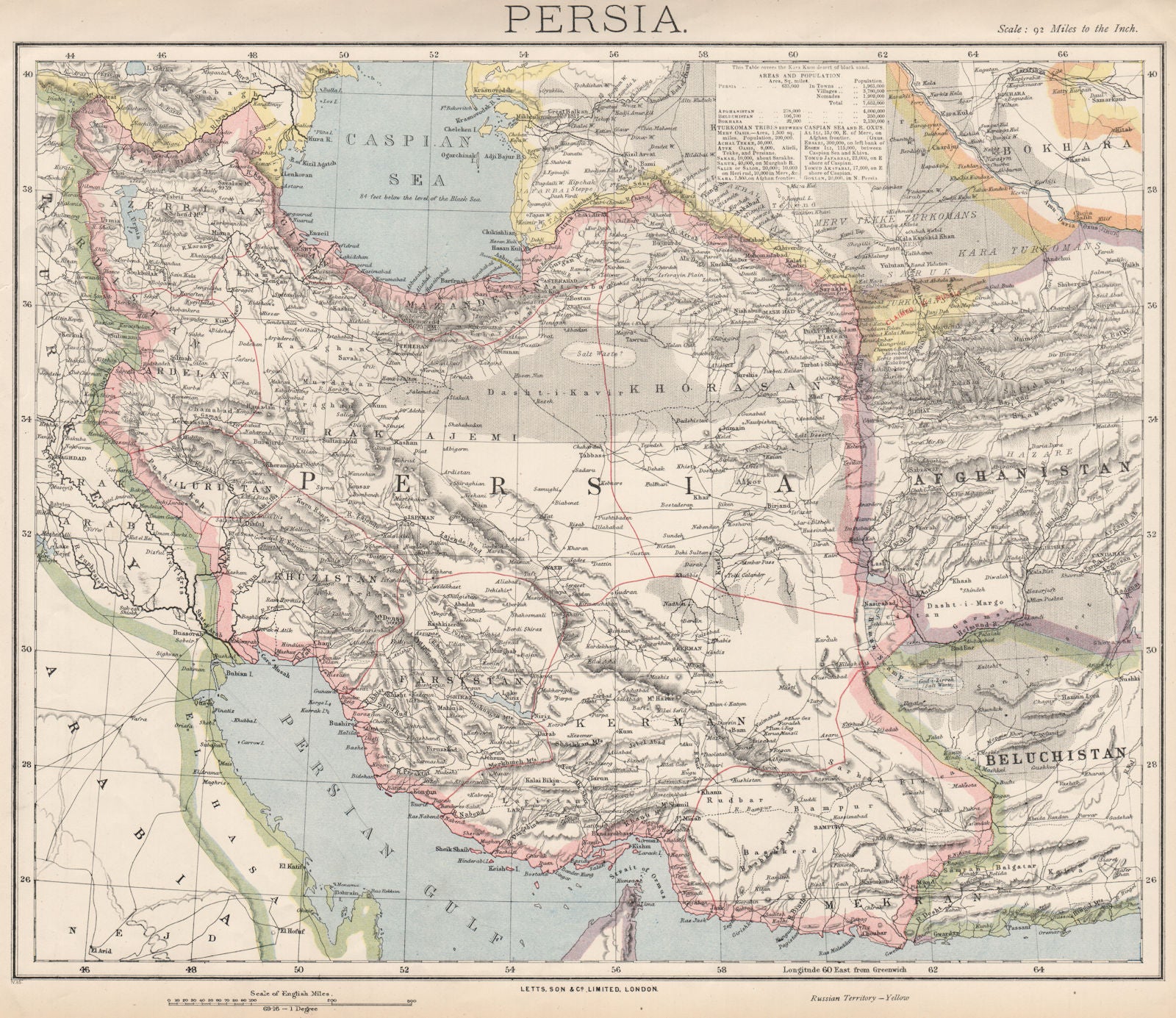 PERSIA/IRAN. Ottoman Iraq. Caspian Sea. Afghanistan. LETTS 1889 old map